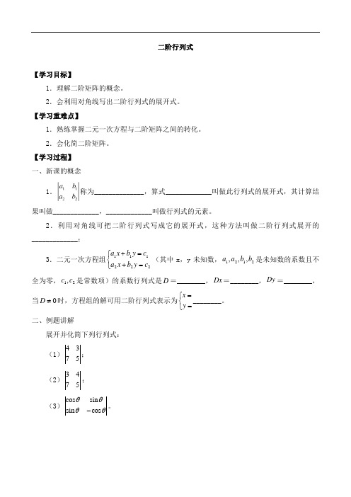 高中数学沪教版(上海)高二第一学期9.3二阶行列式_导学案 