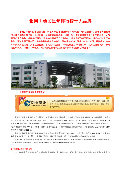 全国手动试压泵排行榜十大品牌