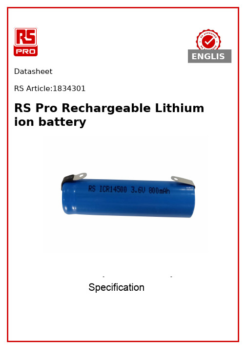 RS PRO 14500 3.7V 800mAh Li-ion 循环电池说明书