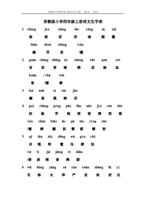 苏教版小学四年级语文上册生字表带拼音版