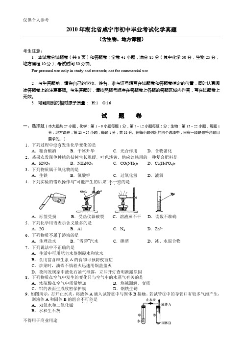 湖北省咸宁市2010年中考化学试题及答案