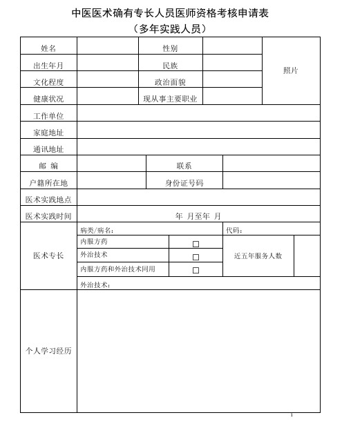 中医医术确有专长人员医师资格考核申请表(多年实践人员)