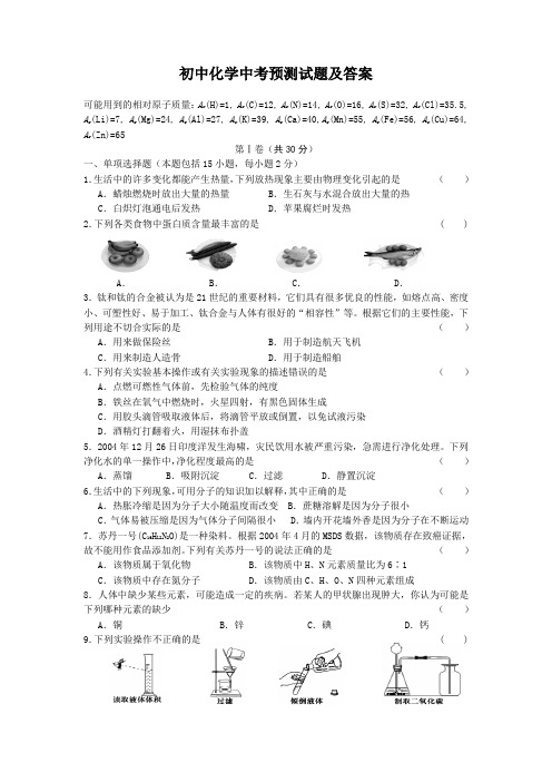 初中化学中考预测试题及答案