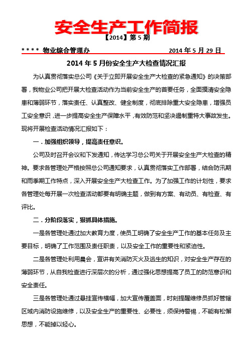 2014年5月份安全生产大检查情况汇报