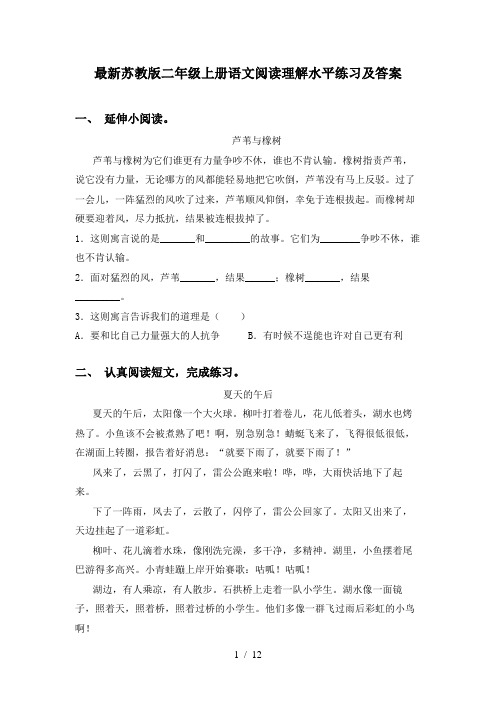 最新苏教版二年级上册语文阅读理解水平练习及答案