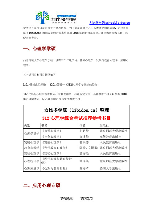 2019年西北师范大学心理学考研参考书目