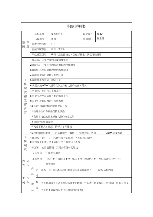 烧结厂技术科科长岗位说明书