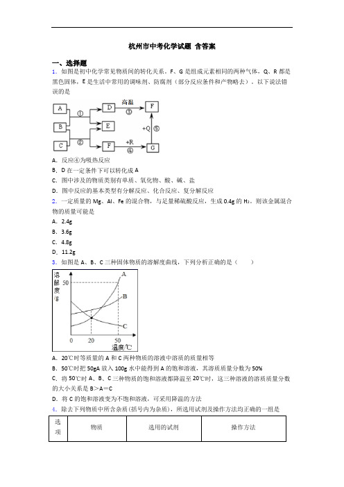 杭州市中考化学试题 含答案