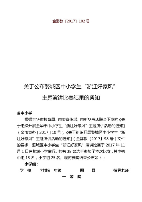 关于公布2017年婺城区中小学生浙江好家风