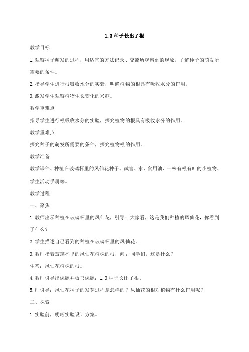 2021新教科版四年级下册科学1.3种子长出了根  教案