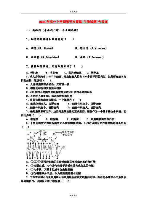 2021年高一上学期第五次周练 生物试题 含答案