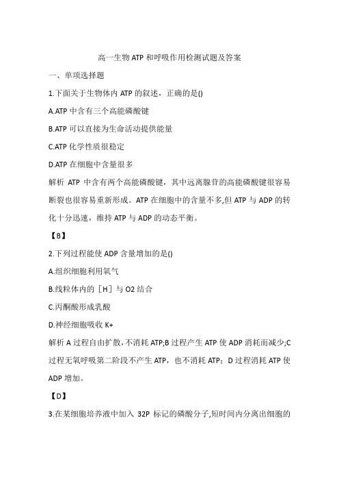 高一生物ATP和呼吸作用检测试题及答案