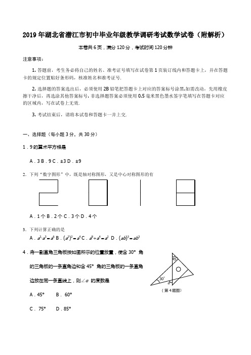 2019年湖北省潜江市初中毕业年级教学调研考试数学试卷(附解析)