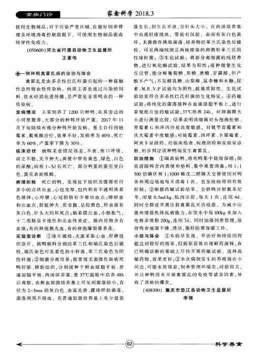 一例种鸭禽霍乱病的诊治与体会