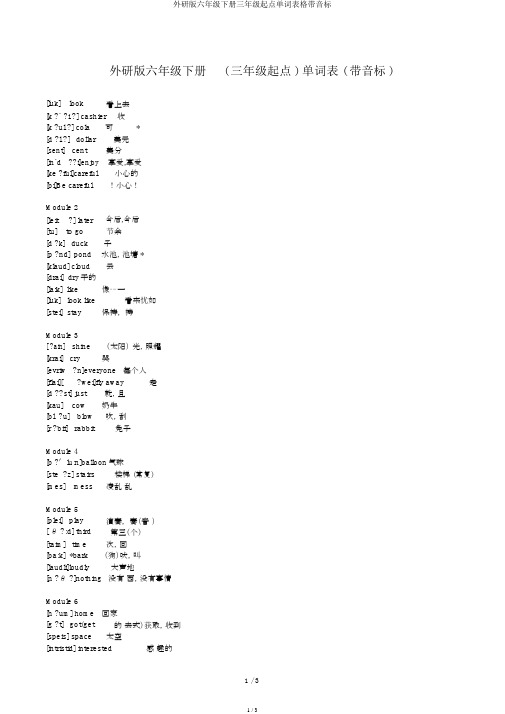 外研版六年级下册三年级起点单词表格带音标