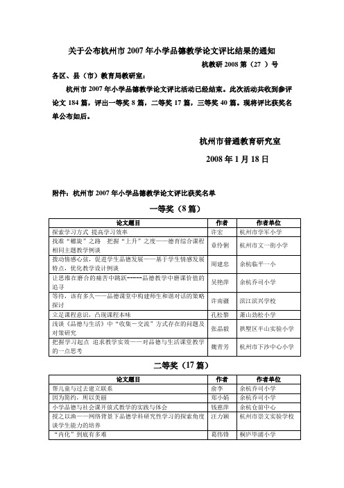 关于公布杭州市2007年小学品德教学论文评比结果的通知