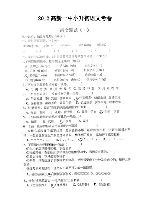 小升初高新一中招生语文