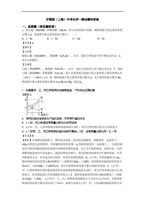 沪教版(上海)中考化学一模试题和答案