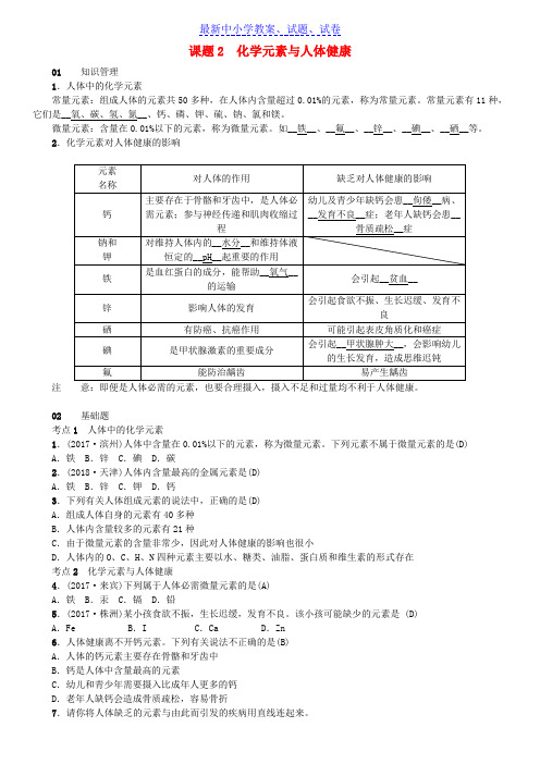 推荐2019九年级化学下册第十二单元化学与生活课题2化学元素与人体降同步测试含18年真题新版新人教版