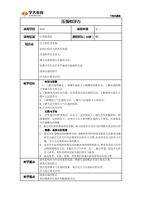 压强与浮力——张顺桥华校区初中物理教案