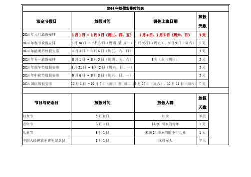 中国 2014年放假安排时间表