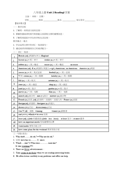 牛津译林版八年级英语上册Unit2导学案学案随堂练习.docx