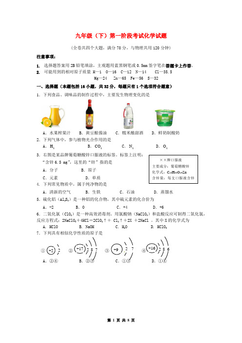 新人教版化学九年级下学期第一阶段考试试题
