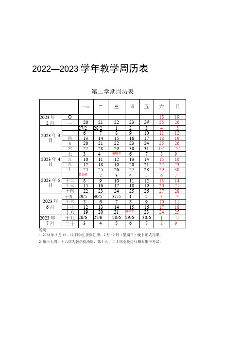 重庆工商大学派斯学院2022—2023学年教学周历表