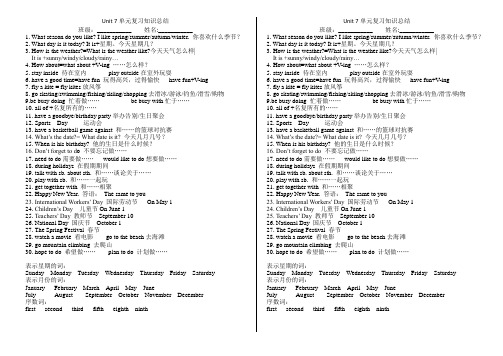 冀教版英语七年级上册Unit 7单元复习知识总结