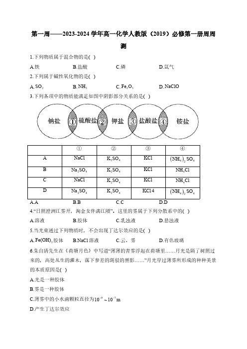 第01周——2024-2025学年高一化学人教版(2019)必修第一册周周测