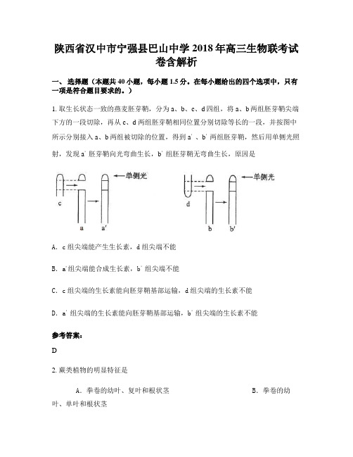 陕西省汉中市宁强县巴山中学2018年高三生物联考试卷含解析
