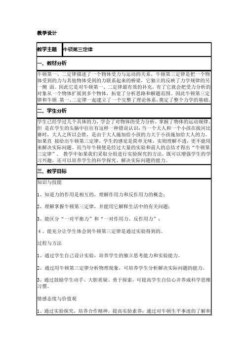 2019-2020学年人教版必修一  牛顿第三定律 教案