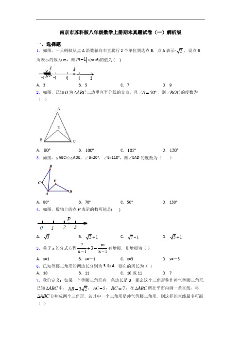 南京市苏科版八年级数学上册期末真题试卷(一)解析版
