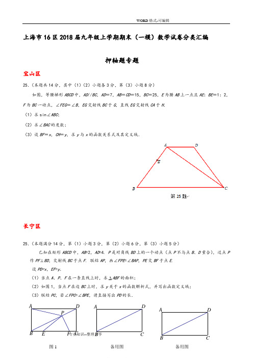 上海市16区2018年九年级上学期期末(一模)数学试题分类汇编_押轴题专题