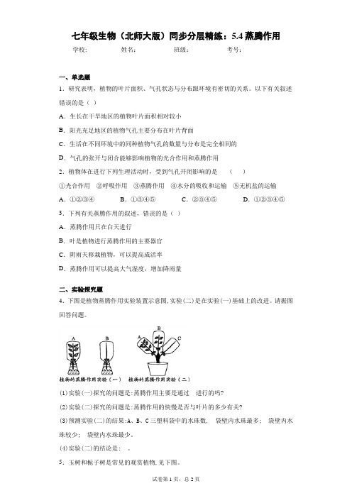 七年级生物(北师大版)同步分层精练：5.4蒸腾作用