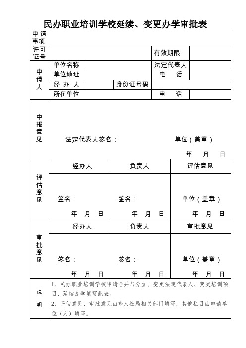 民办职业培训学校延续、变更办学审批表