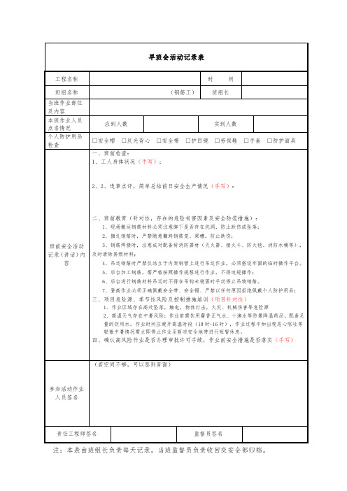 建筑施工钢筋工安全晨会记录