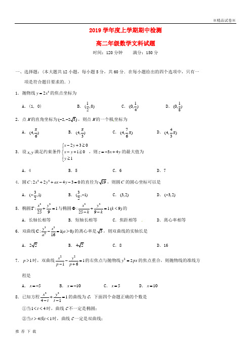 [精品]2019学年高二数学上学期期中检测试题 文 新人教版