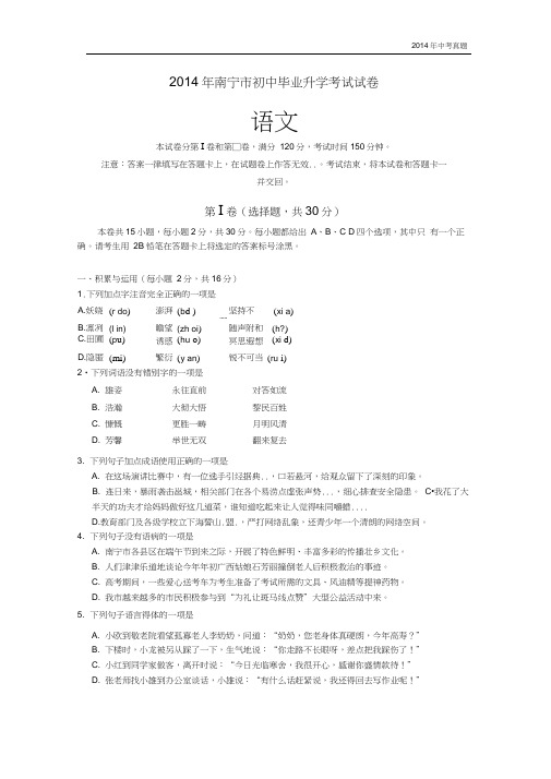 2014年广西自治区南宁市中考语文试题含答案