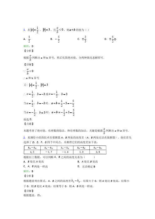 苏州南京师范大学苏州实验学校七年级数学上册第一章《有理数》知识点复习(答案解析)