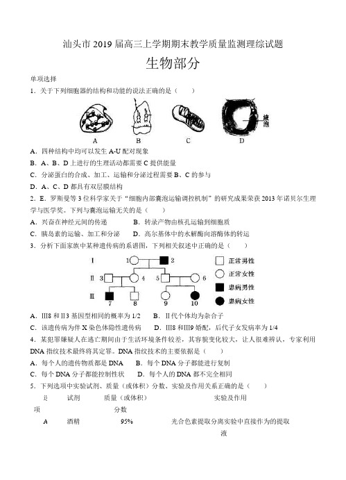 广东省汕头市2019届高三上学期期末教学质量监测理综试题