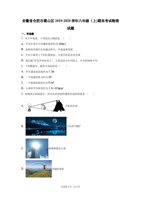 2019-2020学年八年级(上)安徽省合肥市蜀山区期末物理试题