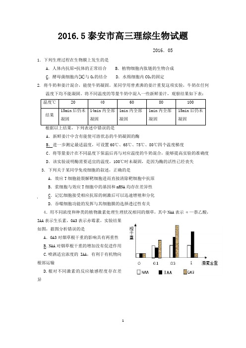 2016.5泰安市高三理综生物试题