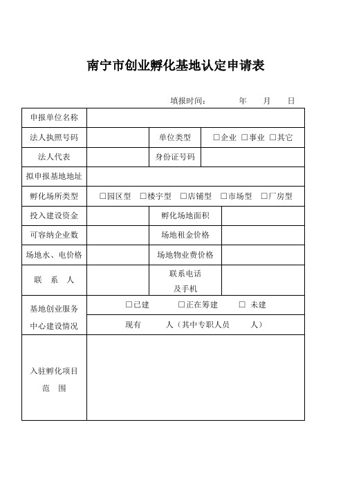 南宁市创业孵化基地认定申请表