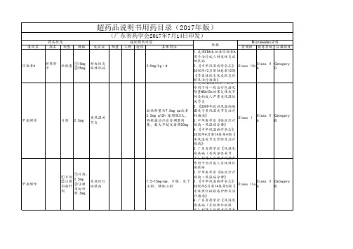 广东省超药品说明书用药目录(2017年版)