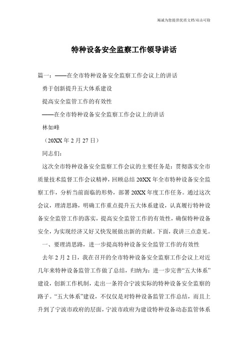 特种设备安全监察工作领导讲话