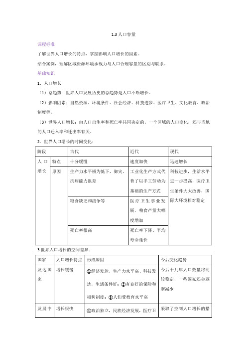 1.3人口容量 2020-2021学年湘教版(2019)高中地理必修第二册 讲义(知识点+练习)