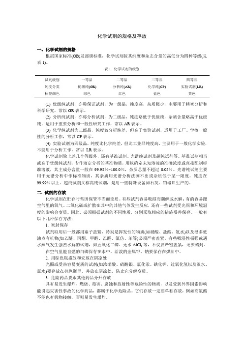 化学试剂的规格及存放化学试剂的规格根据国家标准GB及部颁