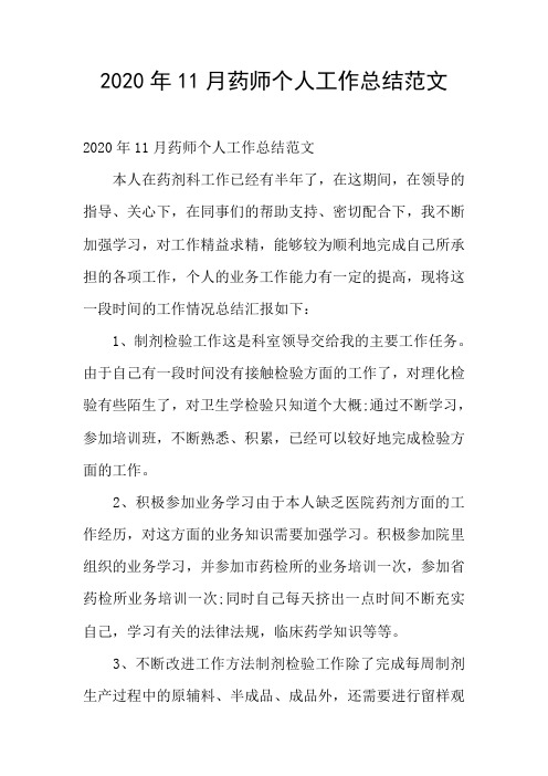2020年11月药师个人工作总结范文