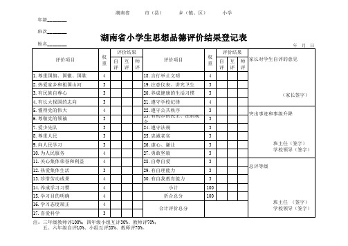 湖南省小学生思想品德评价结果登记表